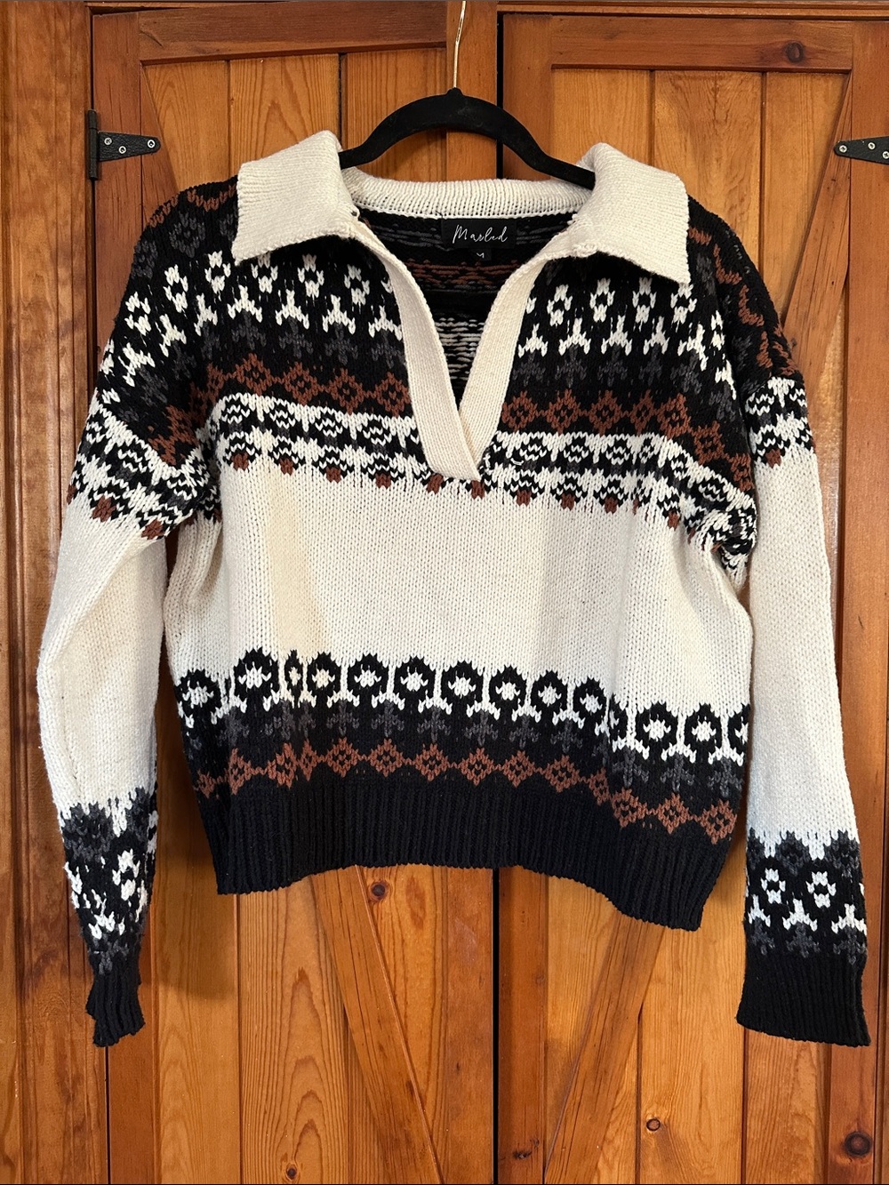Marled Cream, Black & Brown Collared V‑Neck Fair Isle Sweater